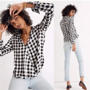 Madewell Wrap Front Long Sleeve Shirt Buffalo Check Black White Blouse  Size XS